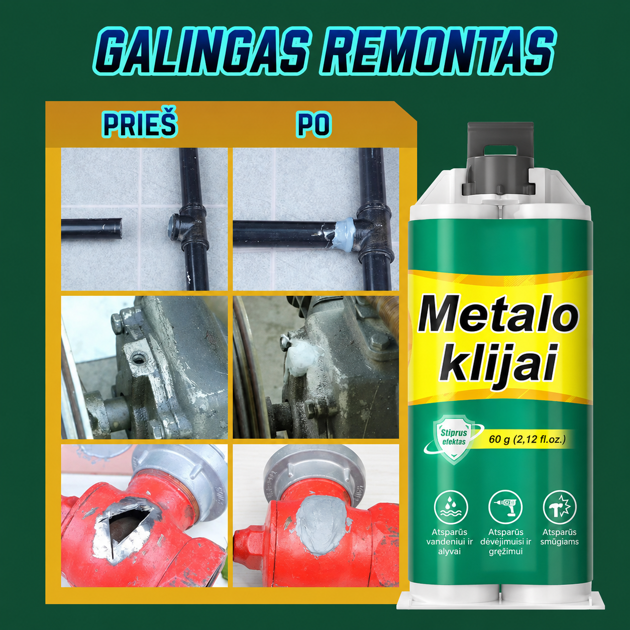 Didelio stiprumo AB metalo remonto klijai